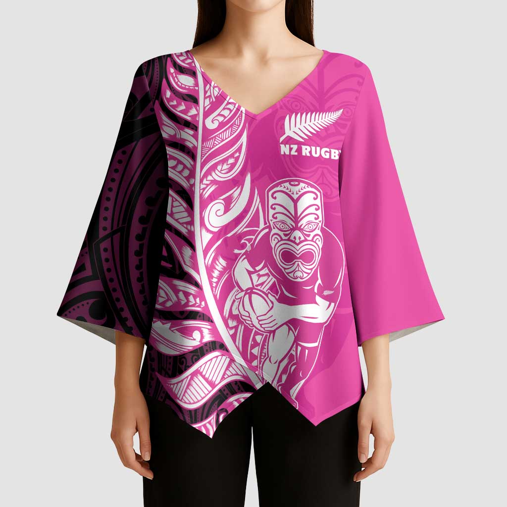 New Zealand Silver Fern Rugby Custom Kimono Sleeve Blouse All Black Maori Pattern Pink - Aussie Hoodie