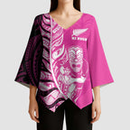 New Zealand Silver Fern Rugby Custom Kimono Sleeve Blouse All Black Maori Pattern Pink - Aussie Hoodie