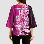 New Zealand Silver Fern Rugby Custom Kimono Sleeve Blouse All Black Maori Pattern Pink - Aussie Hoodie
