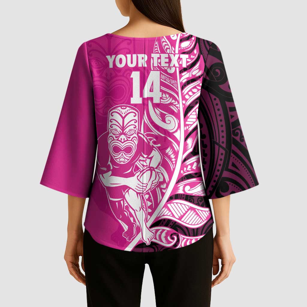 New Zealand Silver Fern Rugby Custom Kimono Sleeve Blouse All Black Maori Pattern Pink - Aussie Hoodie