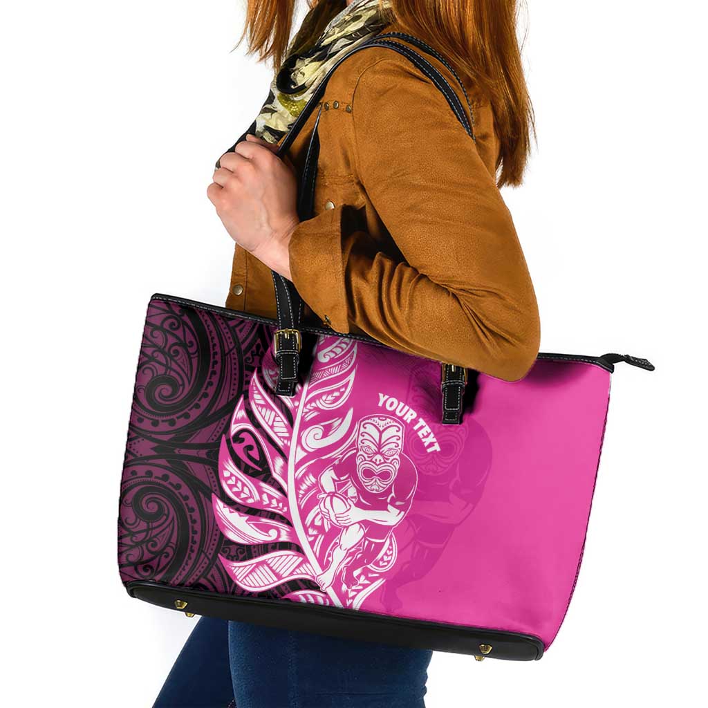 New Zealand Silver Fern Rugby Custom Leather Tote Bag All Black Maori Pattern Pink - Aussie Hoodie
