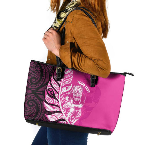 New Zealand Silver Fern Rugby Custom Leather Tote Bag All Black Maori Pattern Pink - Aussie Hoodie