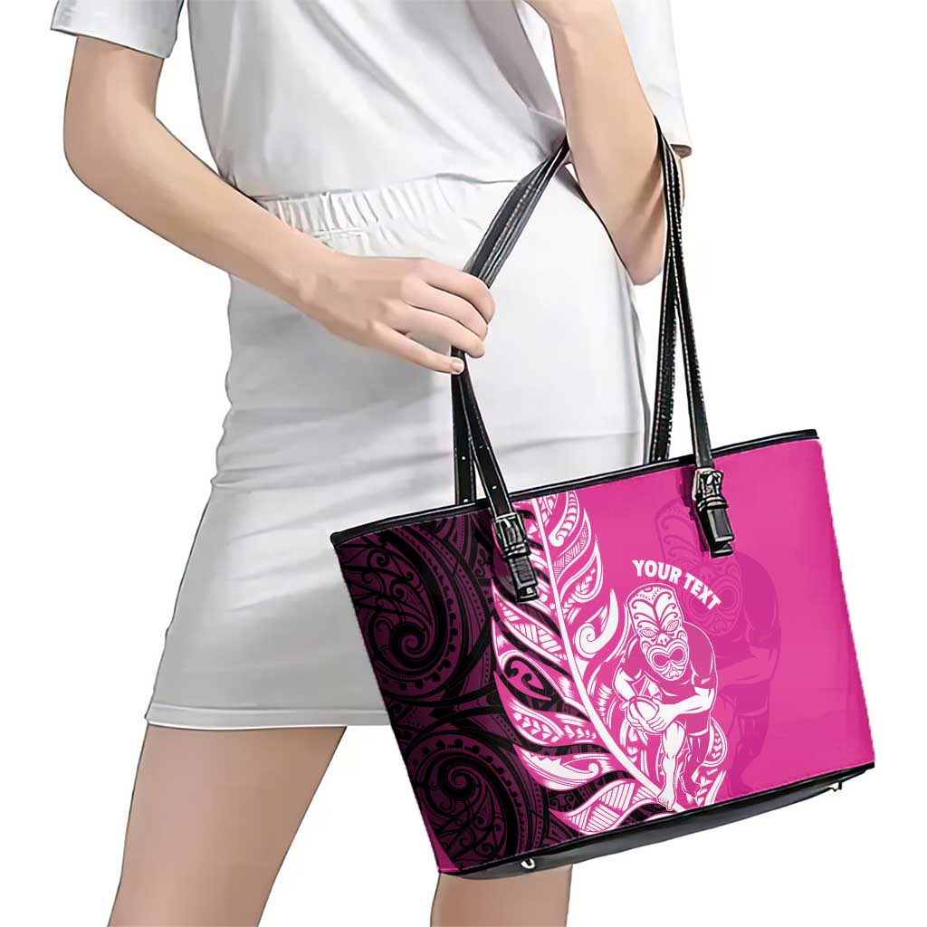 New Zealand Silver Fern Rugby Custom Leather Tote Bag All Black Maori Pattern Pink - Aussie Hoodie