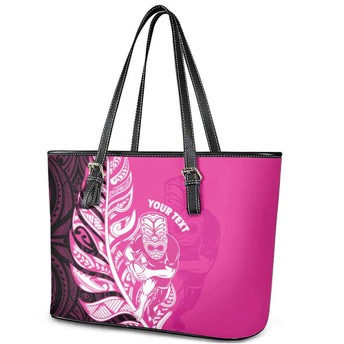 New Zealand Silver Fern Rugby Custom Leather Tote Bag All Black Maori Pattern Pink - Aussie Hoodie