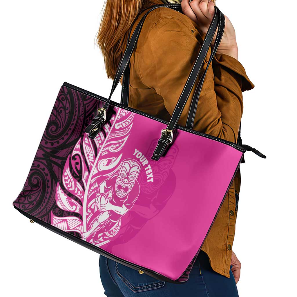 New Zealand Silver Fern Rugby Custom Leather Tote Bag All Black Maori Pattern Pink - Aussie Hoodie