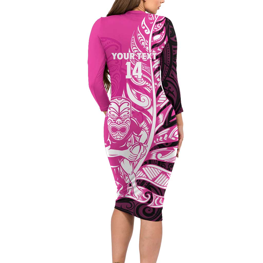 New Zealand Silver Fern Rugby Custom Long Sleeve Bodycon Dress All Black Maori Pattern Pink - Aussie Hoodie