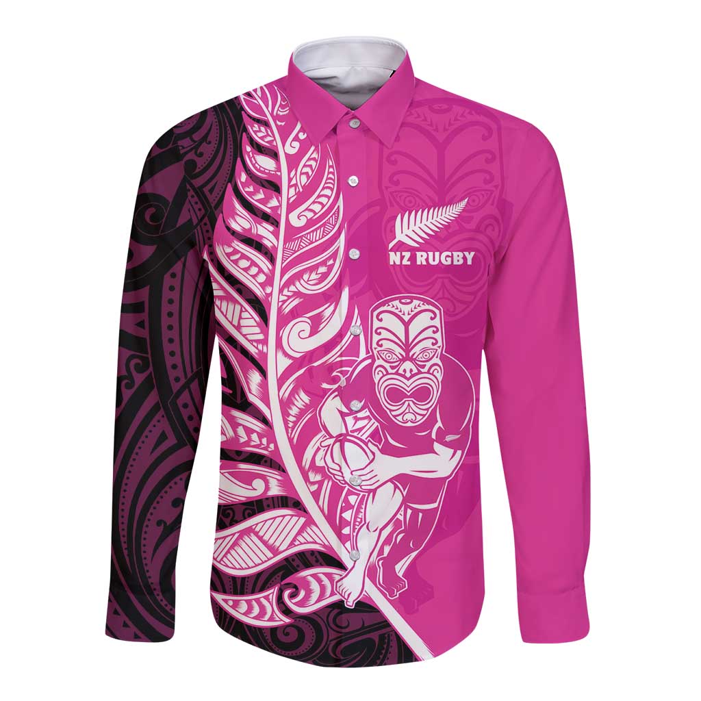 New Zealand Silver Fern Rugby Custom Long Sleeve Button Shirt All Black Maori Pattern Pink - Aussie Hoodie