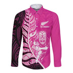 New Zealand Silver Fern Rugby Custom Long Sleeve Button Shirt All Black Maori Pattern Pink - Aussie Hoodie