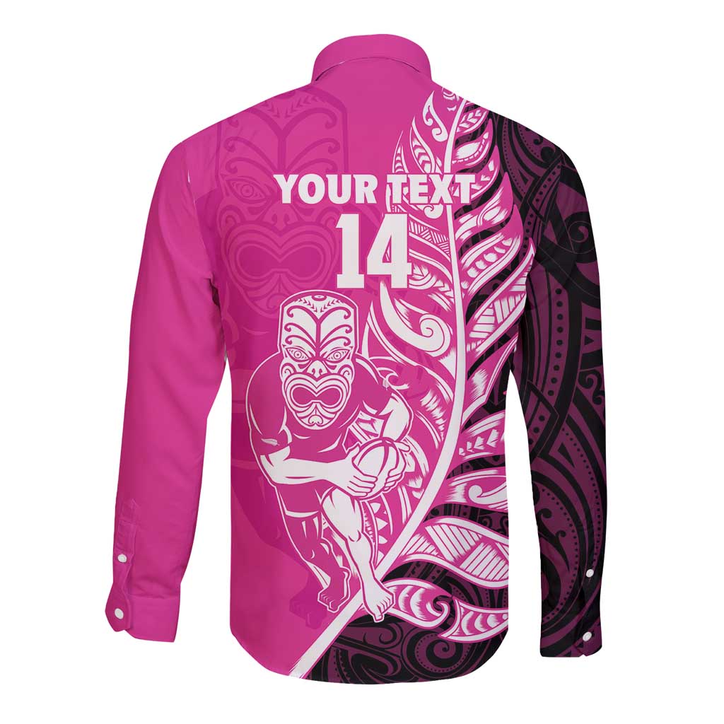 New Zealand Silver Fern Rugby Custom Long Sleeve Button Shirt All Black Maori Pattern Pink - Aussie Hoodie