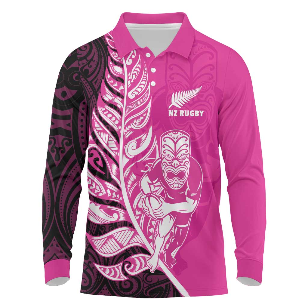 New Zealand Silver Fern Rugby Custom Long Sleeve Polo Shirt All Black Maori Pattern Pink - Aussie Hoodie
