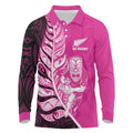 New Zealand Silver Fern Rugby Custom Long Sleeve Polo Shirt All Black Maori Pattern Pink - Aussie Hoodie
