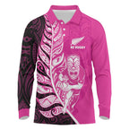 New Zealand Silver Fern Rugby Custom Long Sleeve Polo Shirt All Black Maori Pattern Pink - Aussie Hoodie