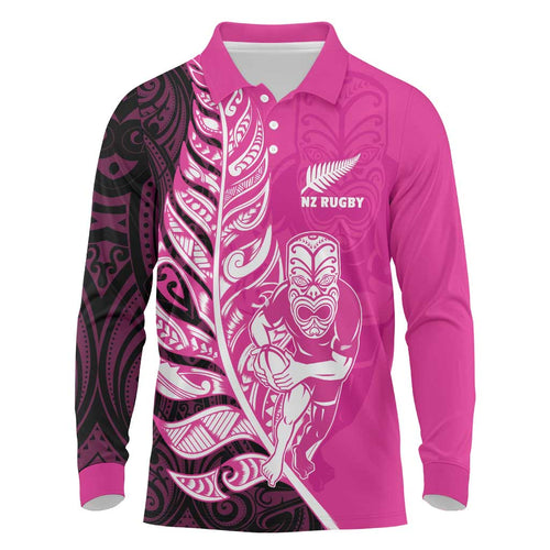 New Zealand Silver Fern Rugby Custom Long Sleeve Polo Shirt All Black Maori Pattern Pink - Aussie Hoodie