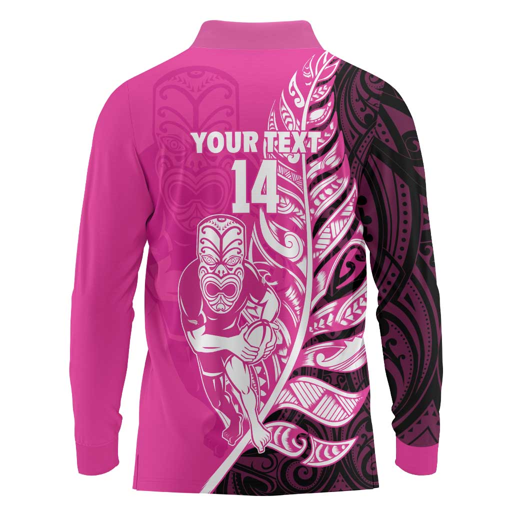 New Zealand Silver Fern Rugby Custom Long Sleeve Polo Shirt All Black Maori Pattern Pink - Aussie Hoodie