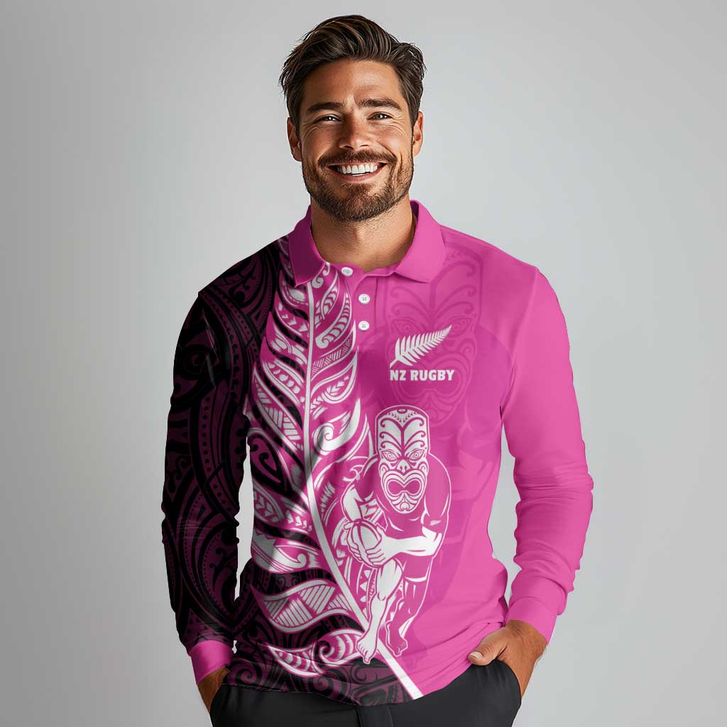New Zealand Silver Fern Rugby Custom Long Sleeve Polo Shirt All Black Maori Pattern Pink - Aussie Hoodie