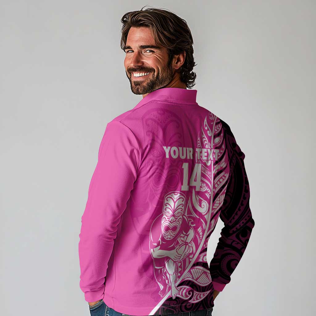 New Zealand Silver Fern Rugby Custom Long Sleeve Polo Shirt All Black Maori Pattern Pink - Aussie Hoodie