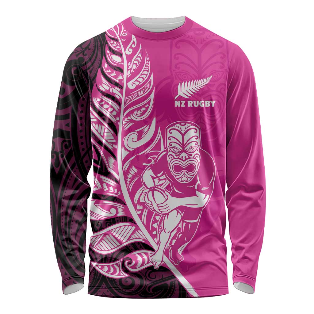 New Zealand Silver Fern Rugby Custom Long Sleeve Shirt All Black Maori Pattern Pink - Aussie Hoodie