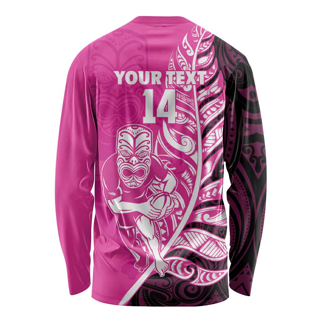 New Zealand Silver Fern Rugby Custom Long Sleeve Shirt All Black Maori Pattern Pink - Aussie Hoodie