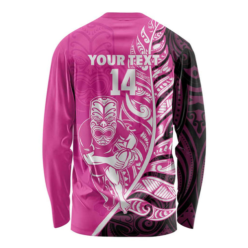 New Zealand Silver Fern Rugby Custom Long Sleeve Shirt All Black Maori Pattern Pink - Aussie Hoodie