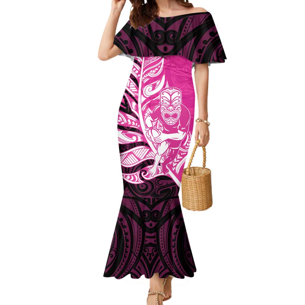 New Zealand Silver Fern Rugby Custom Mermaid Dress All Black Maori Pattern Pink - Aussie Hoodie