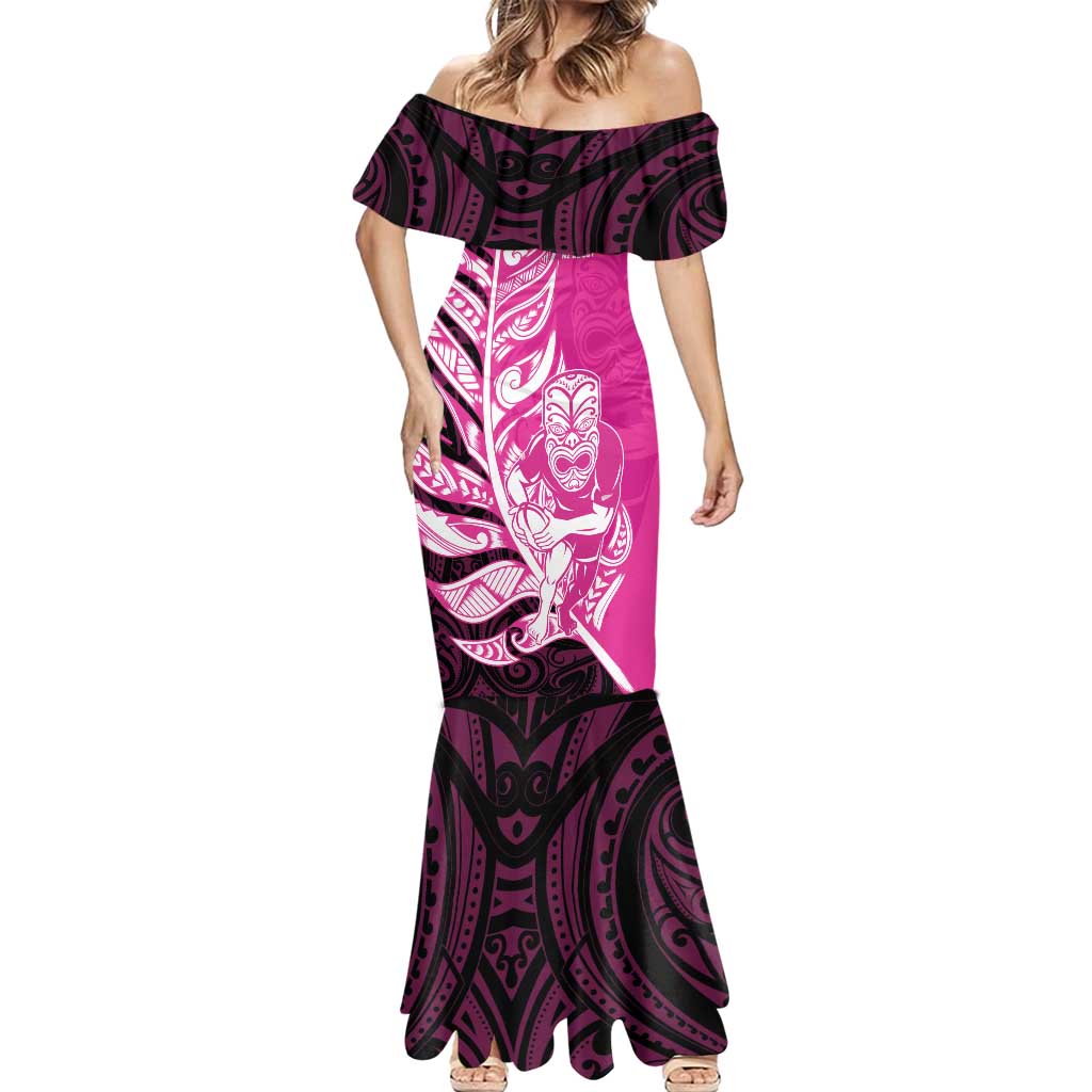 New Zealand Silver Fern Rugby Custom Mermaid Dress All Black Maori Pattern Pink - Aussie Hoodie