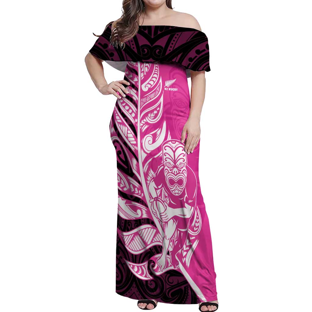 New Zealand Silver Fern Rugby Custom Off Shoulder Maxi Dress All Black Maori Pattern Pink - Aussie Hoodie