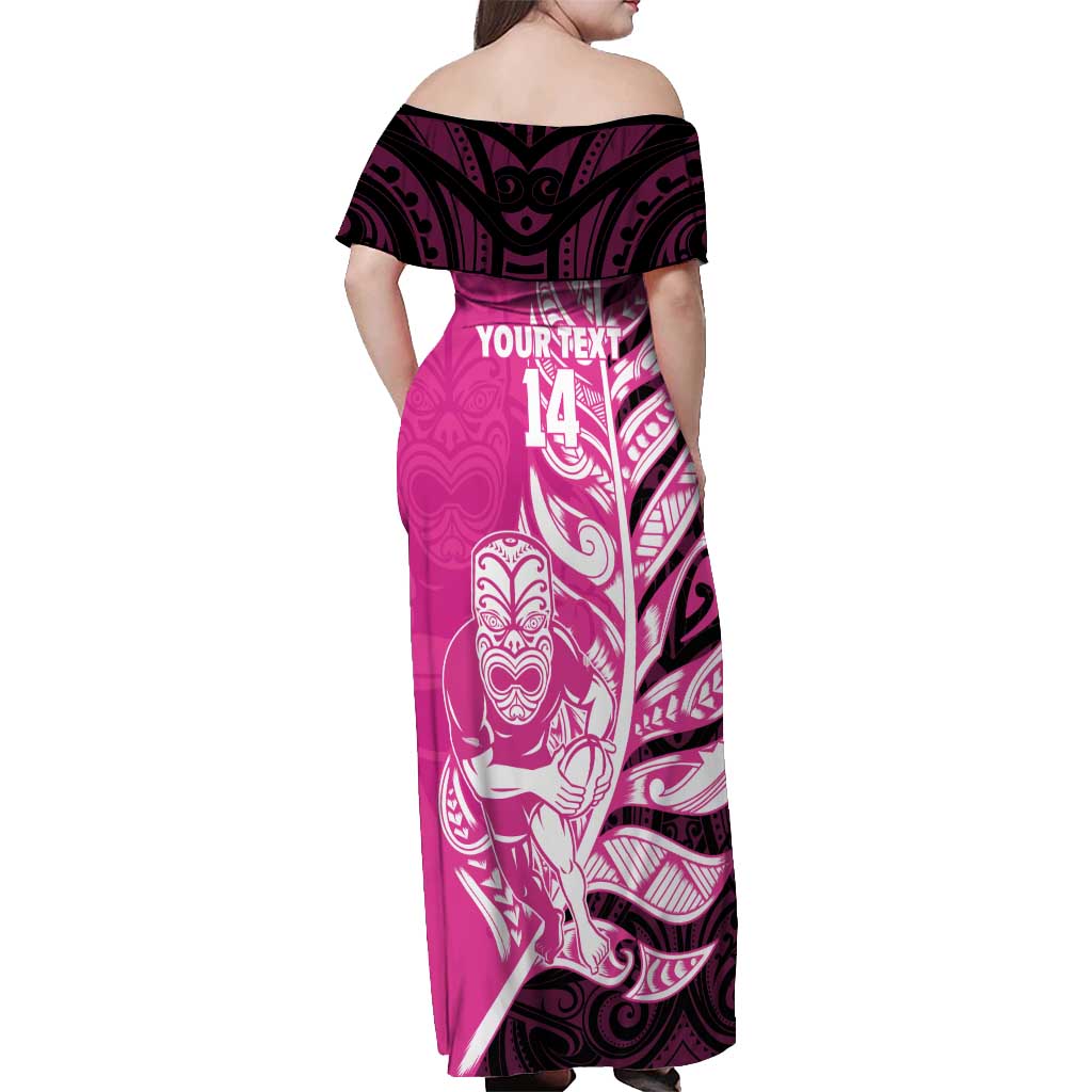 New Zealand Silver Fern Rugby Custom Off Shoulder Maxi Dress All Black Maori Pattern Pink - Aussie Hoodie