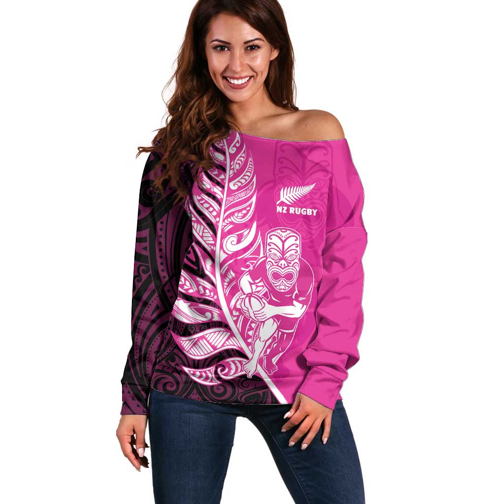 New Zealand Silver Fern Rugby Custom Off Shoulder Sweater All Black Maori Pattern Pink - Aussie Hoodie