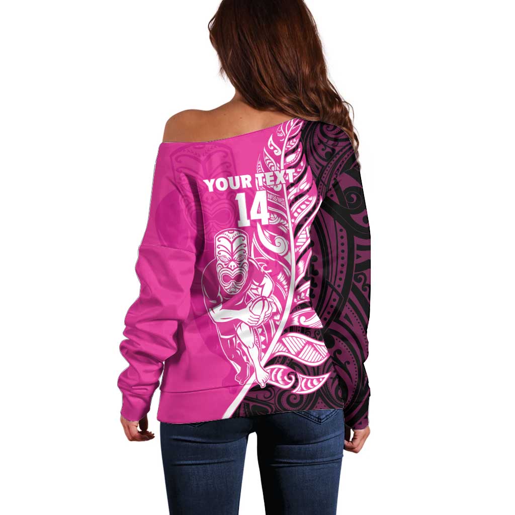 New Zealand Silver Fern Rugby Custom Off Shoulder Sweater All Black Maori Pattern Pink - Aussie Hoodie