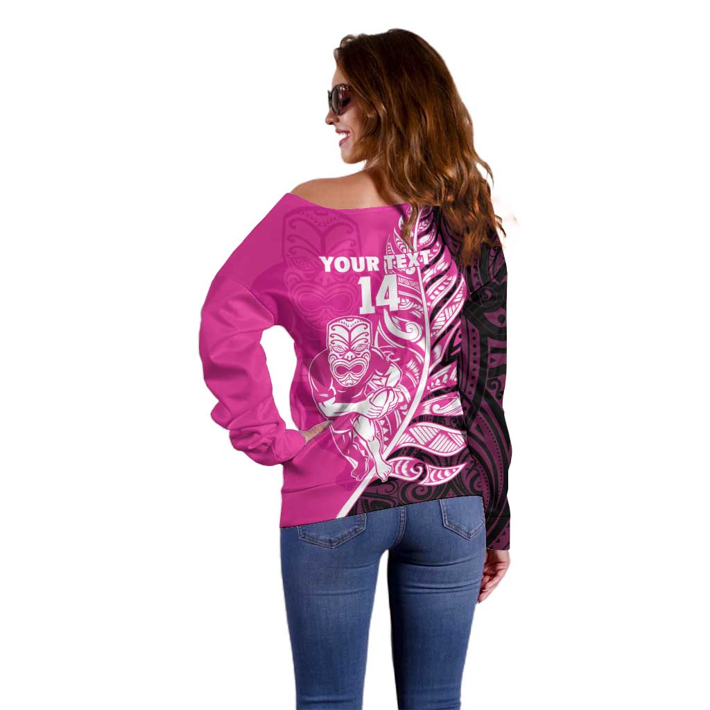New Zealand Silver Fern Rugby Custom Off Shoulder Sweater All Black Maori Pattern Pink - Aussie Hoodie