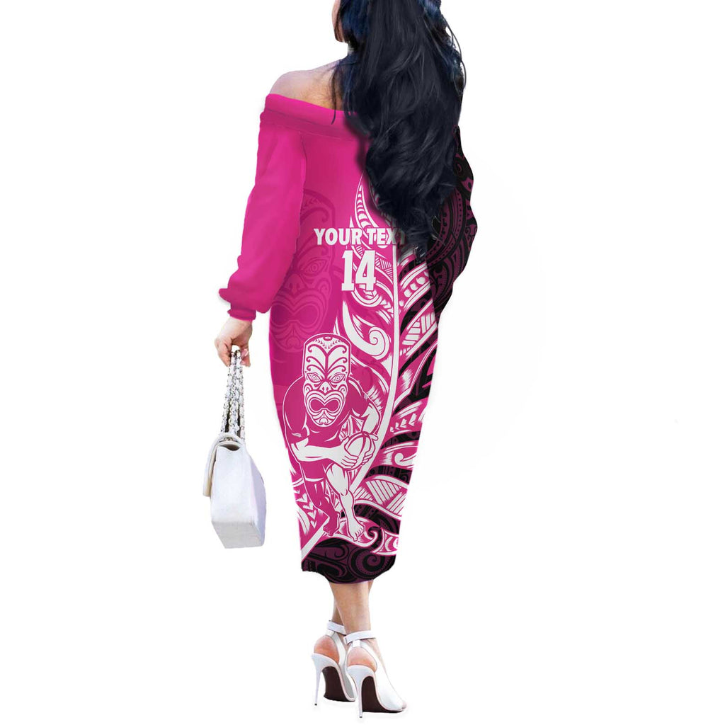 New Zealand Silver Fern Rugby Custom Off The Shoulder Long Sleeve Dress All Black Maori Pattern Pink - Aussie Hoodie