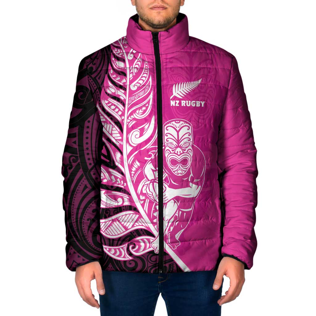 New Zealand Silver Fern Rugby Custom Padded Jacket All Black Maori Pattern Pink - Aussie Hoodie