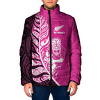 New Zealand Silver Fern Rugby Custom Padded Jacket All Black Maori Pattern Pink - Aussie Hoodie
