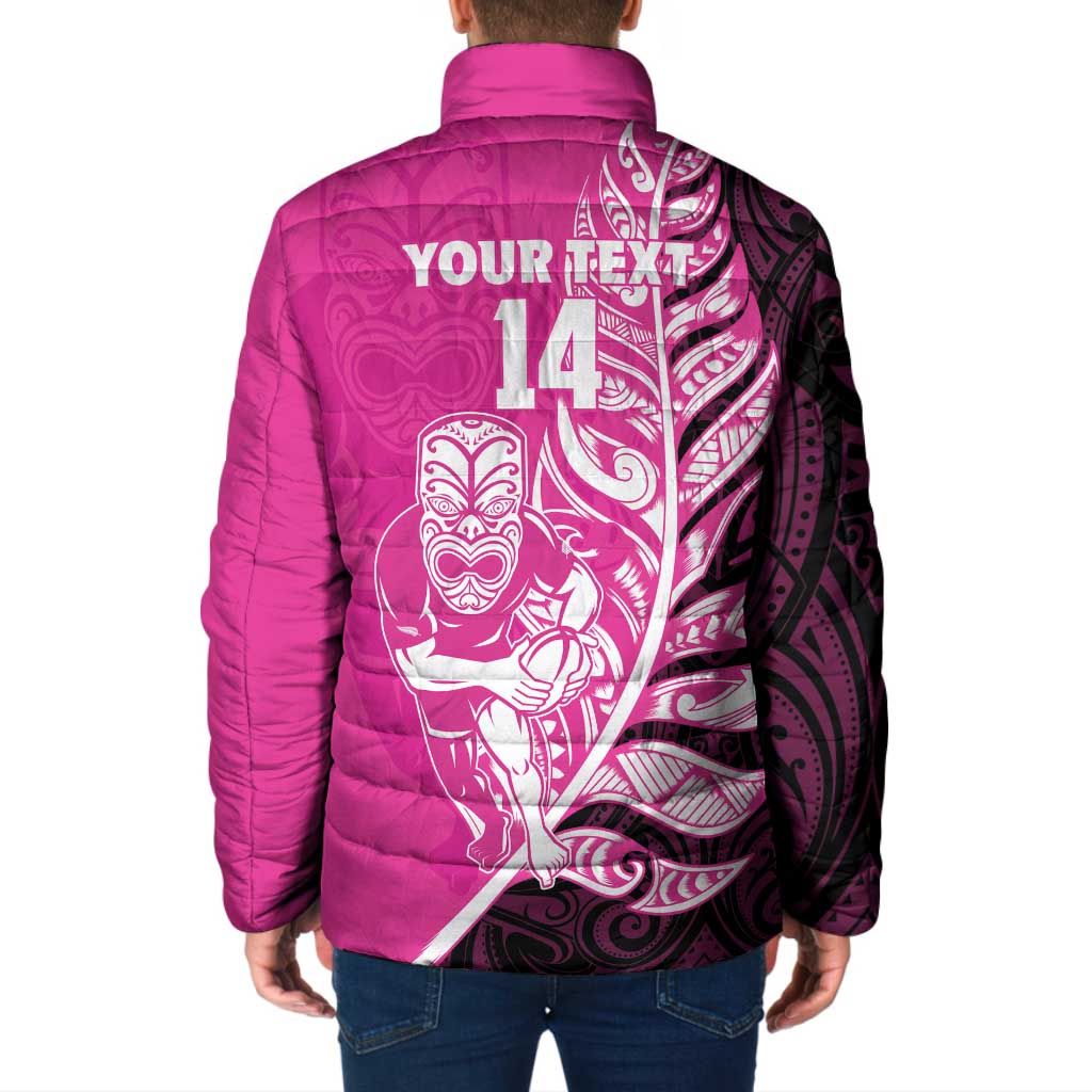 New Zealand Silver Fern Rugby Custom Padded Jacket All Black Maori Pattern Pink - Aussie Hoodie