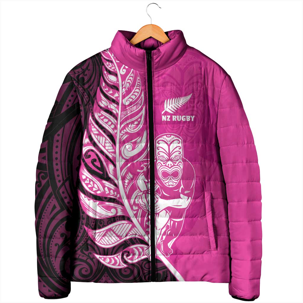 New Zealand Silver Fern Rugby Custom Padded Jacket All Black Maori Pattern Pink - Aussie Hoodie
