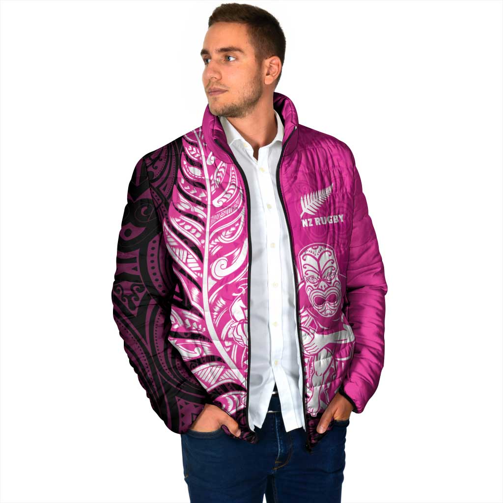 New Zealand Silver Fern Rugby Custom Padded Jacket All Black Maori Pattern Pink - Aussie Hoodie