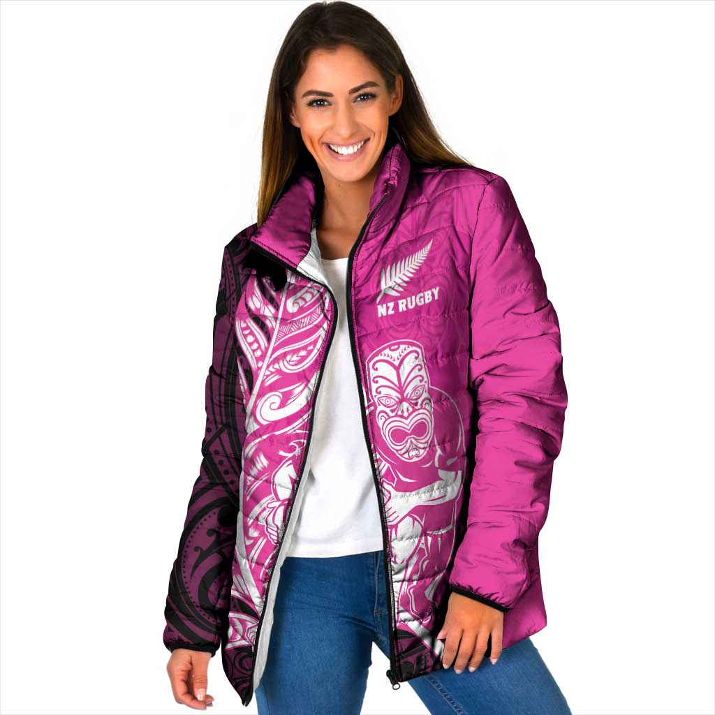New Zealand Silver Fern Rugby Custom Padded Jacket All Black Maori Pattern Pink - Aussie Hoodie