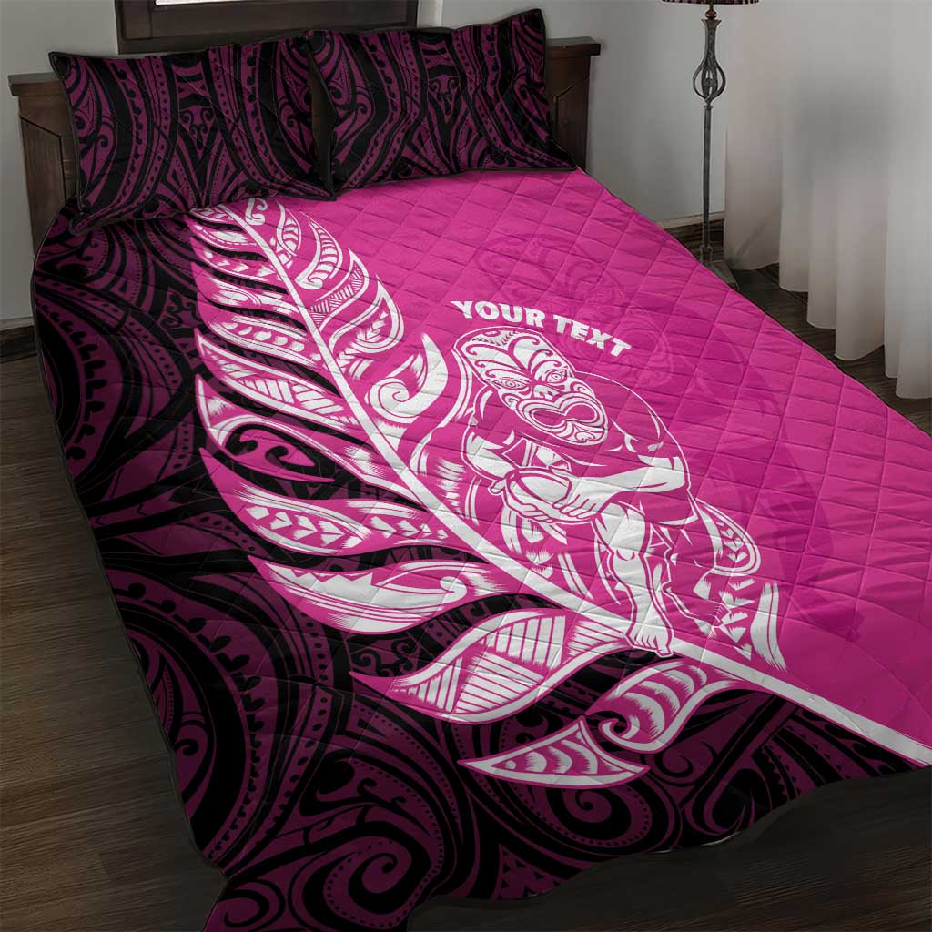 New Zealand Silver Fern Rugby Custom Quilt Bed Set All Black Maori Pattern Pink - Aussie Hoodie