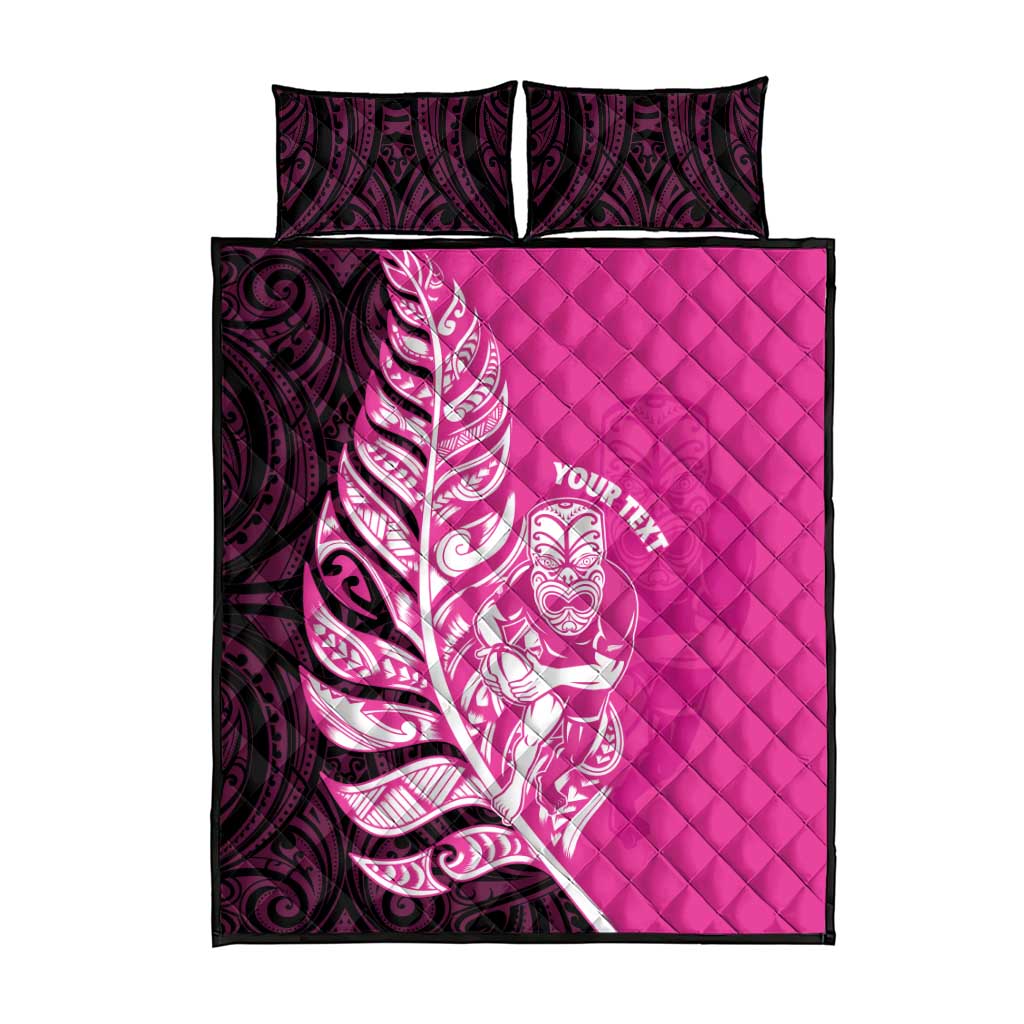 New Zealand Silver Fern Rugby Custom Quilt Bed Set All Black Maori Pattern Pink - Aussie Hoodie