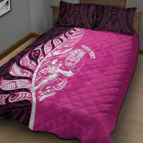 New Zealand Silver Fern Rugby Custom Quilt Bed Set All Black Maori Pattern Pink - Aussie Hoodie