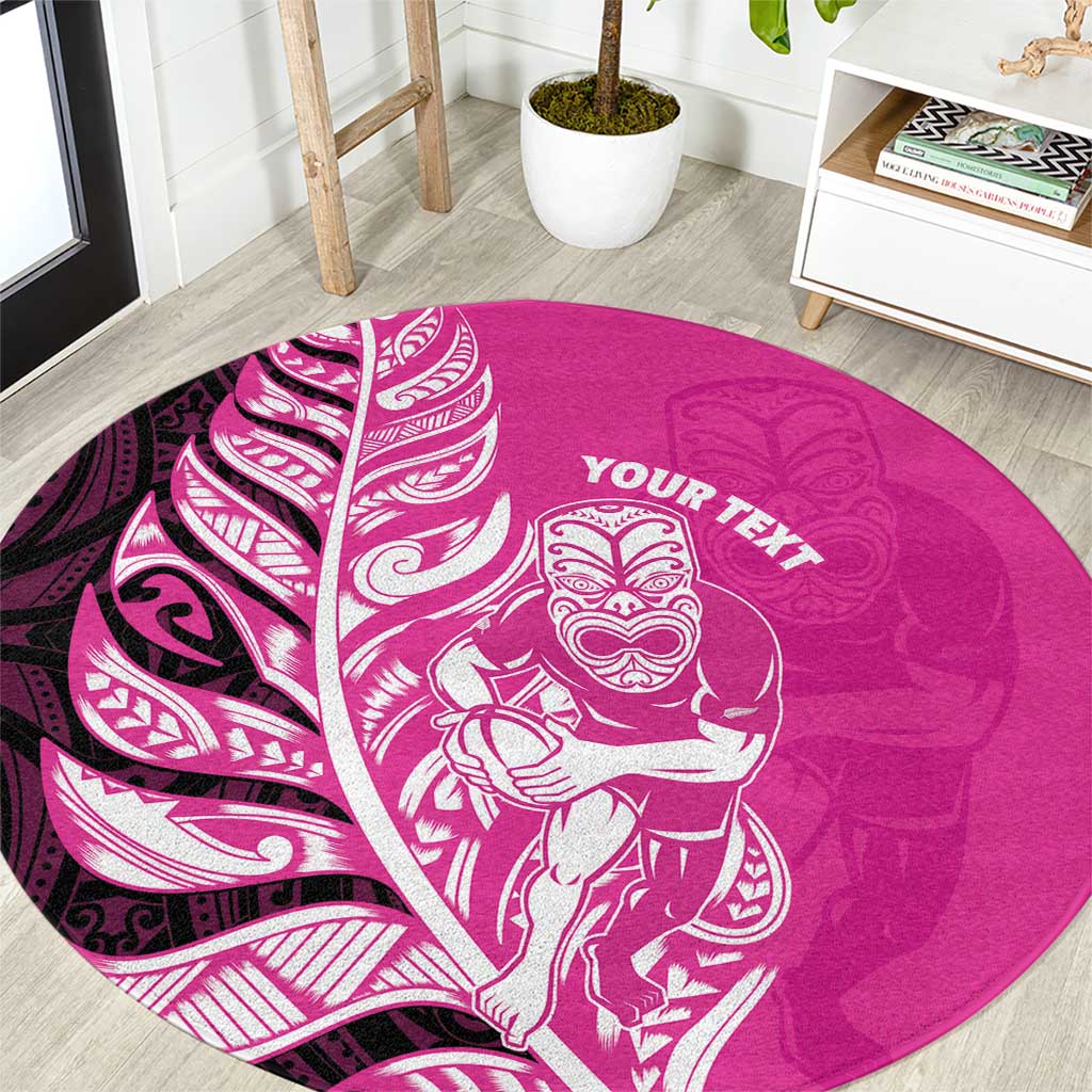 New Zealand Silver Fern Rugby Custom Round Carpet All Black Maori Pattern Pink - Aussie Hoodie