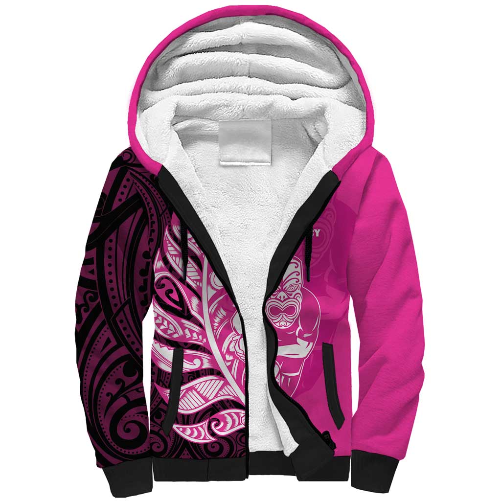 New Zealand Silver Fern Rugby Custom Sherpa Hoodie All Black Maori Pattern Pink - Aussie Hoodie
