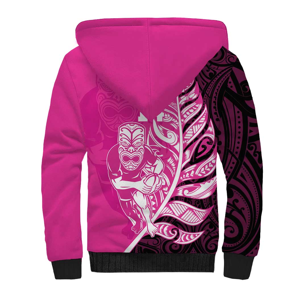 New Zealand Silver Fern Rugby Custom Sherpa Hoodie All Black Maori Pattern Pink - Aussie Hoodie