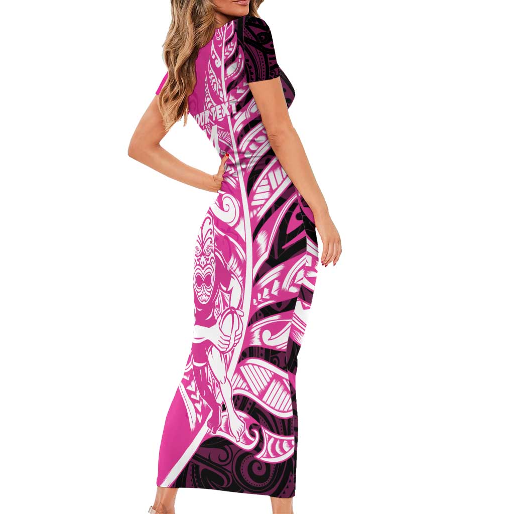 New Zealand Silver Fern Rugby Custom Short Sleeve Bodycon Dress All Black Maori Pattern Pink - Aussie Hoodie
