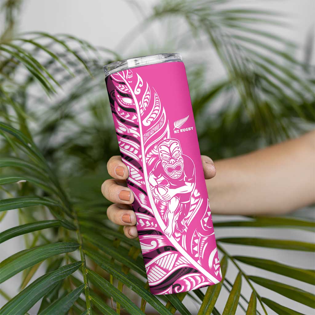 New Zealand Silver Fern Rugby Custom Skinny Tumbler All Black Maori Pattern Pink - Aussie Hoodie