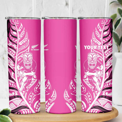 New Zealand Silver Fern Rugby Custom Skinny Tumbler All Black Maori Pattern Pink - Aussie Hoodie