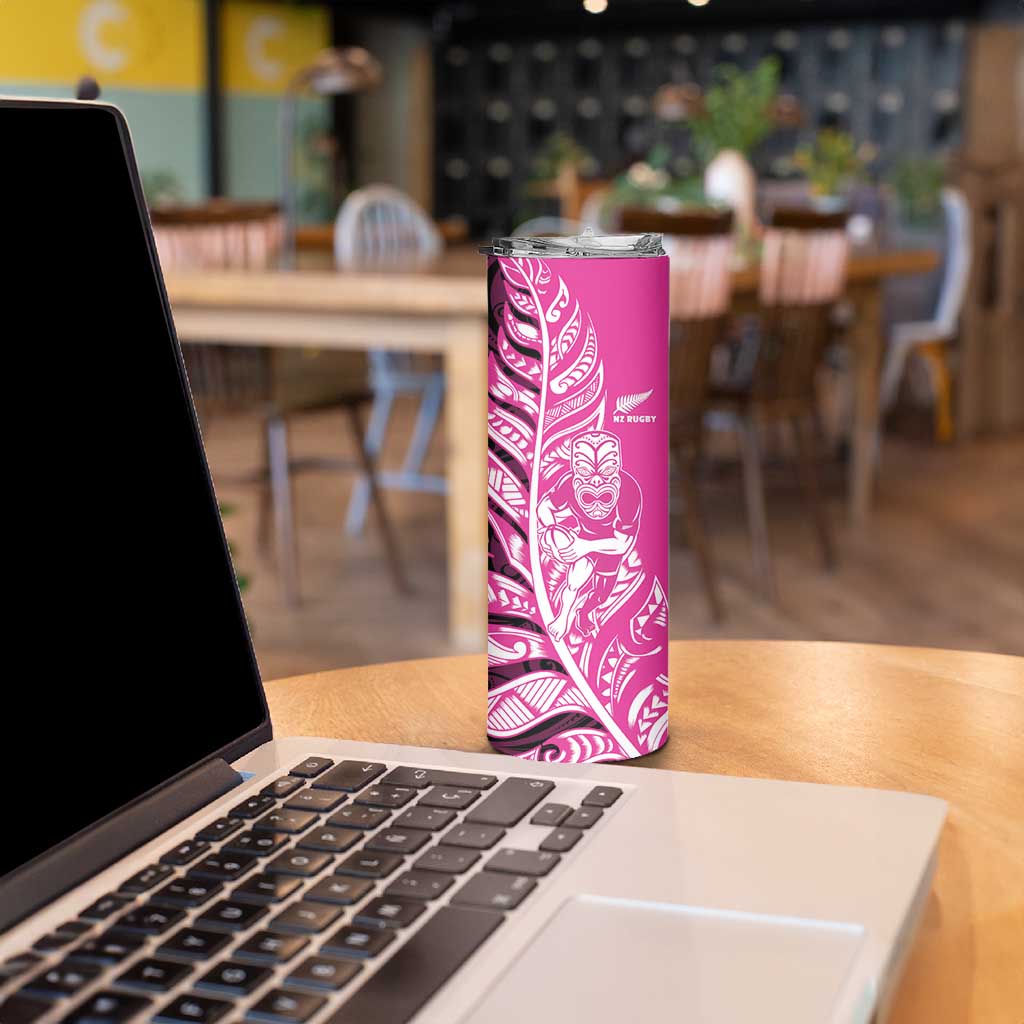 New Zealand Silver Fern Rugby Custom Skinny Tumbler All Black Maori Pattern Pink - Aussie Hoodie