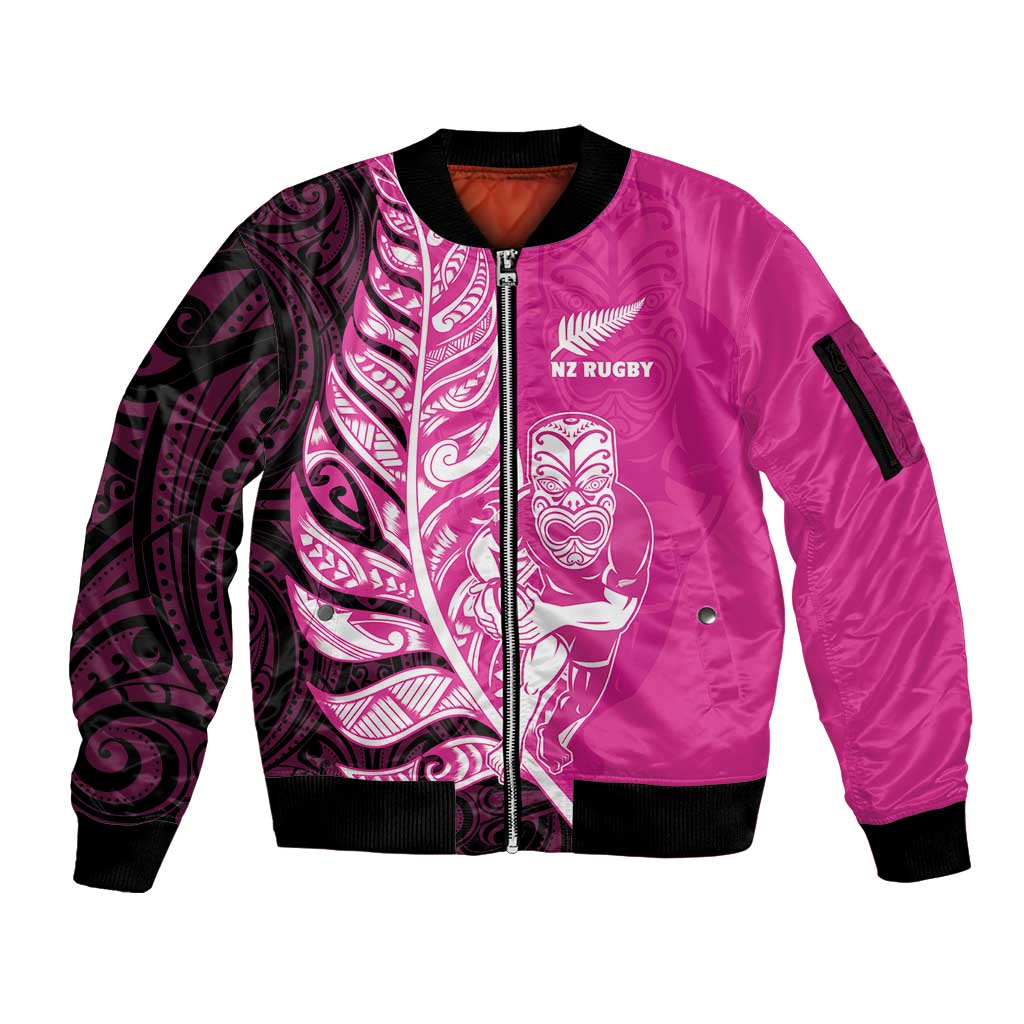 New Zealand Silver Fern Rugby Custom Sleeve Zip Bomber Jacket All Black Maori Pattern Pink - Aussie Hoodie