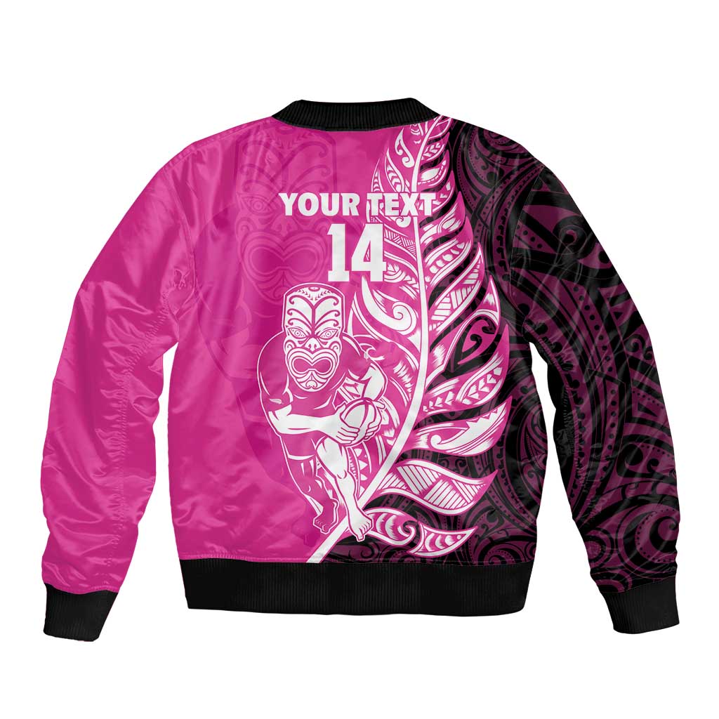 New Zealand Silver Fern Rugby Custom Sleeve Zip Bomber Jacket All Black Maori Pattern Pink - Aussie Hoodie