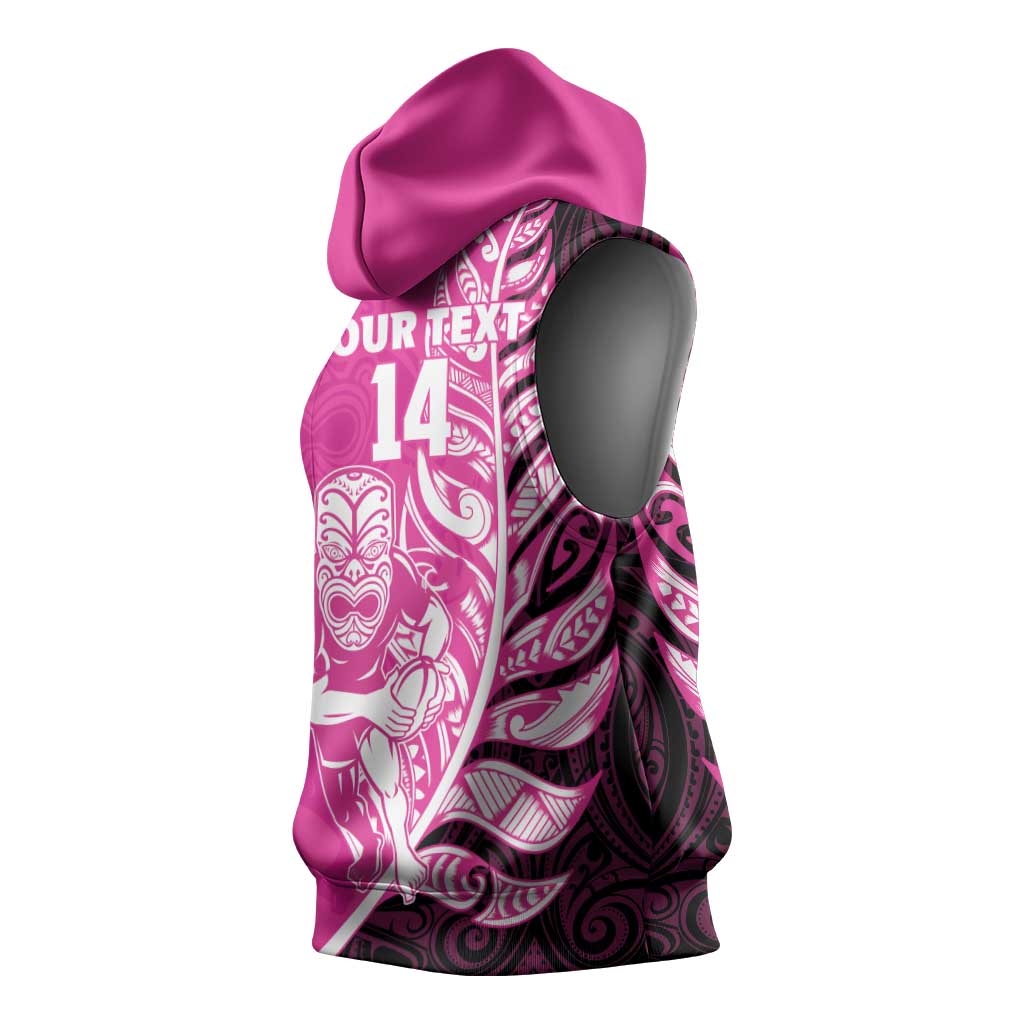 New Zealand Silver Fern Rugby Custom Sleeveless Hoodie All Black Maori Pattern Pink - Aussie Hoodie